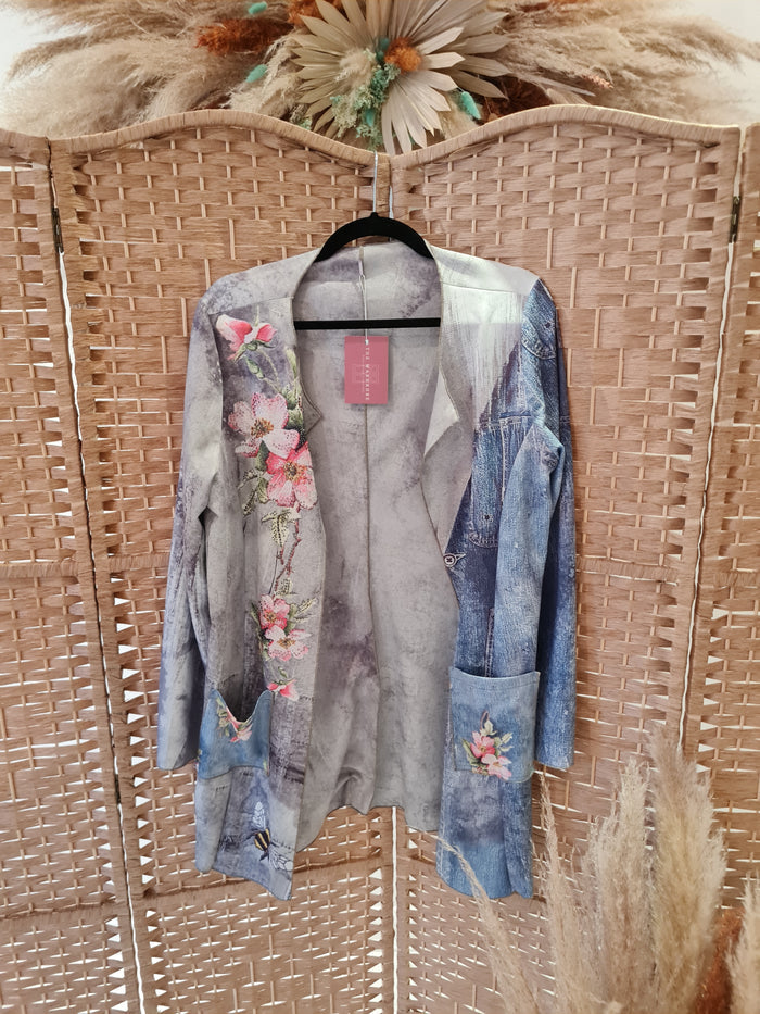 Denim Print Long Line Jacket S