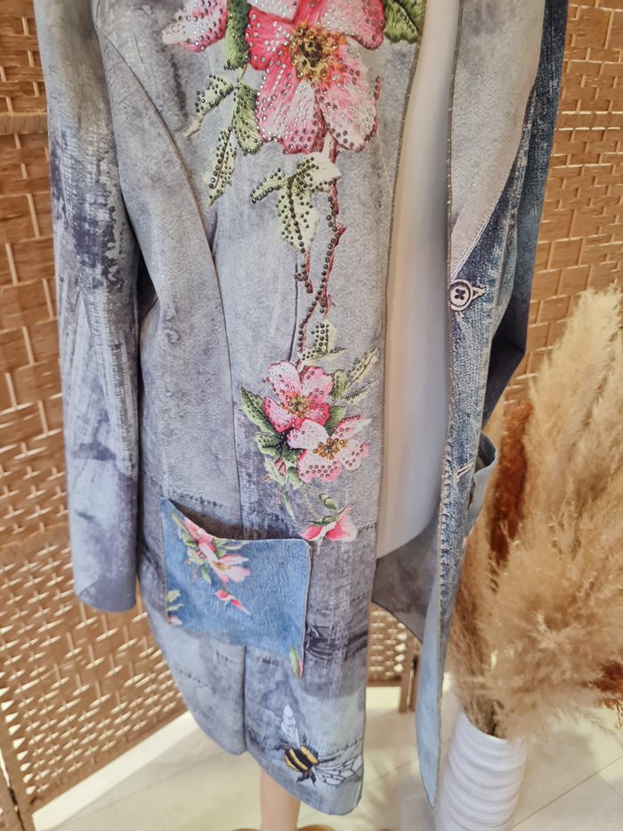 Denim Print Long Line Jacket S