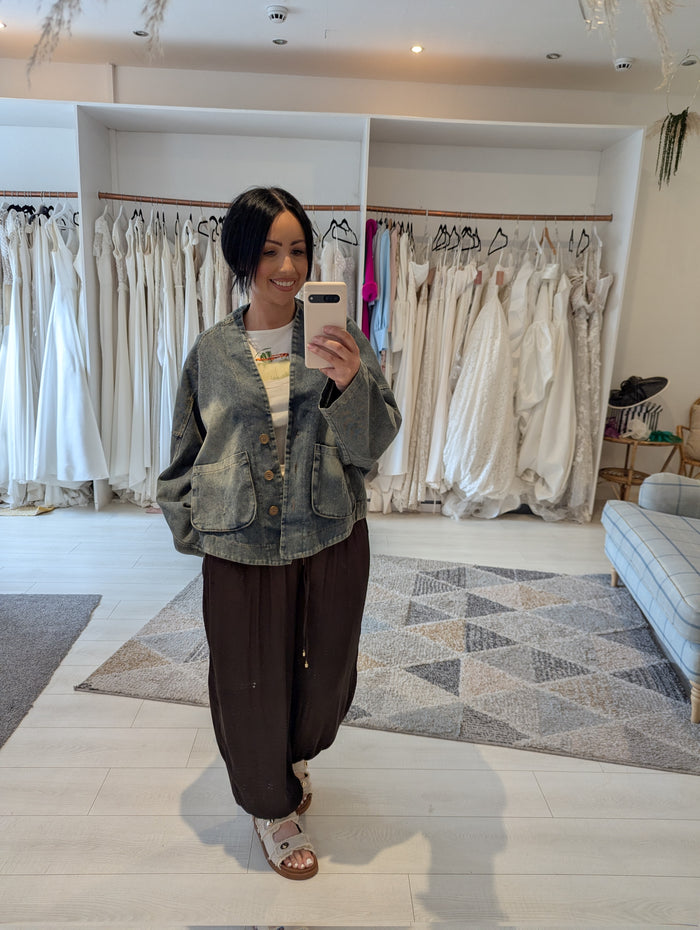 Distressed Denim Jacket L