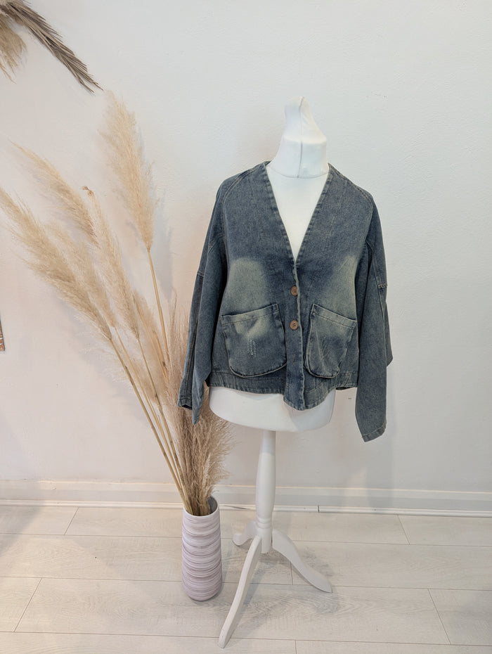 Distressed Denim Jacket L