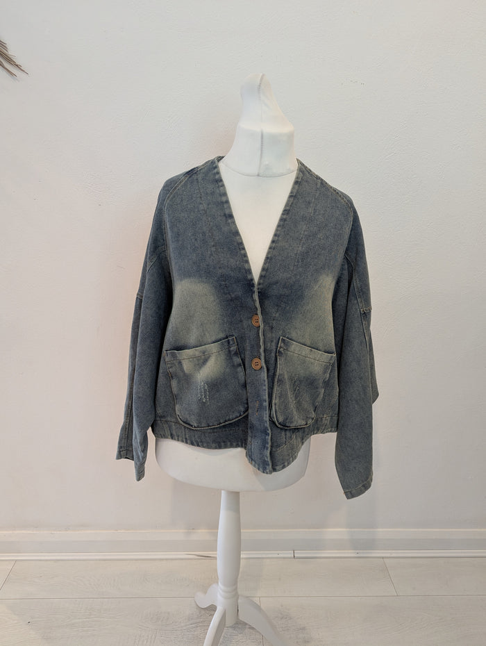 Distressed Denim Jacket L