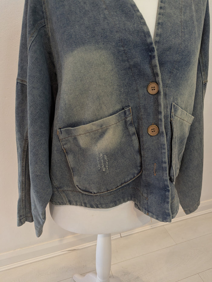 Distressed Denim Jacket L