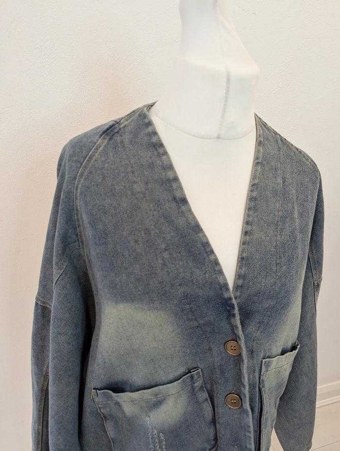 Distressed Denim Jacket L