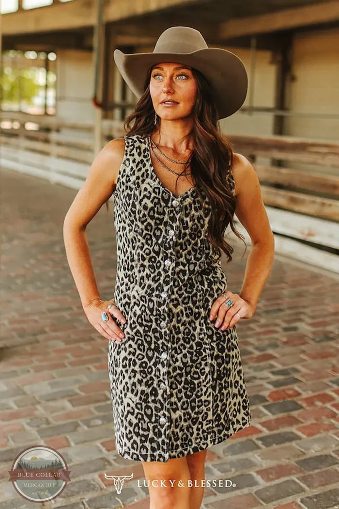 Lucky &amp; Blessed DR612-LEO Leopard Print Stretch Denim Button Down Dress front view on model