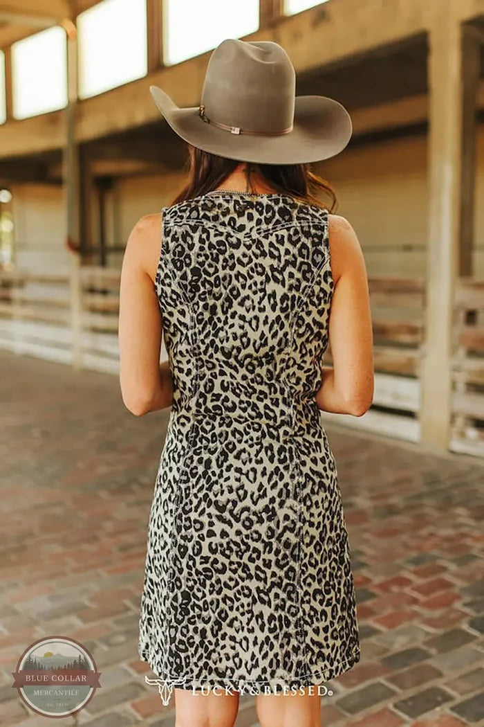 Lucky &amp; Blessed DR612-LEO Leopard Print Stretch Denim Button Down Dress back view on model