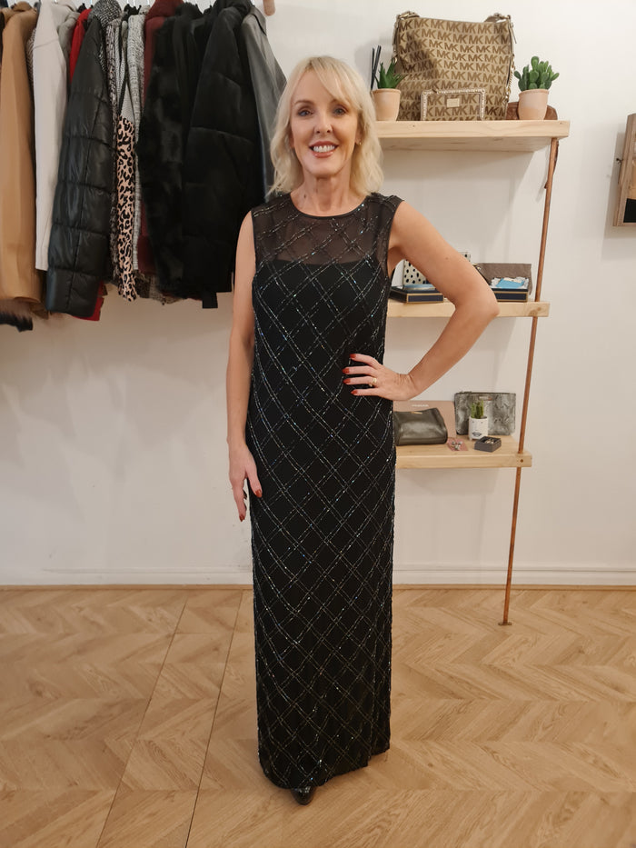 Elspeth Gibson Black Beaded Evening Dress 10/12