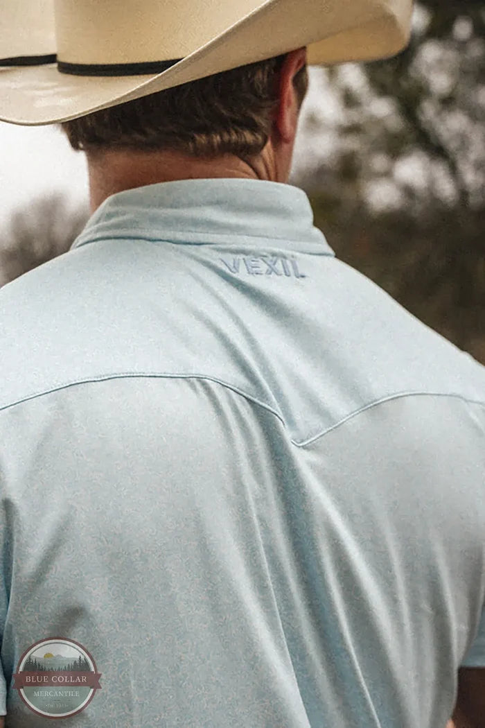 Vexil Brand - Western Pearl Snap Polo - Floral | Light Blue back yoke view