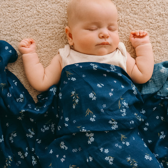 Forget-Me-Not Navy Organic Muslin Wrap Swaddle - LOW STOCK