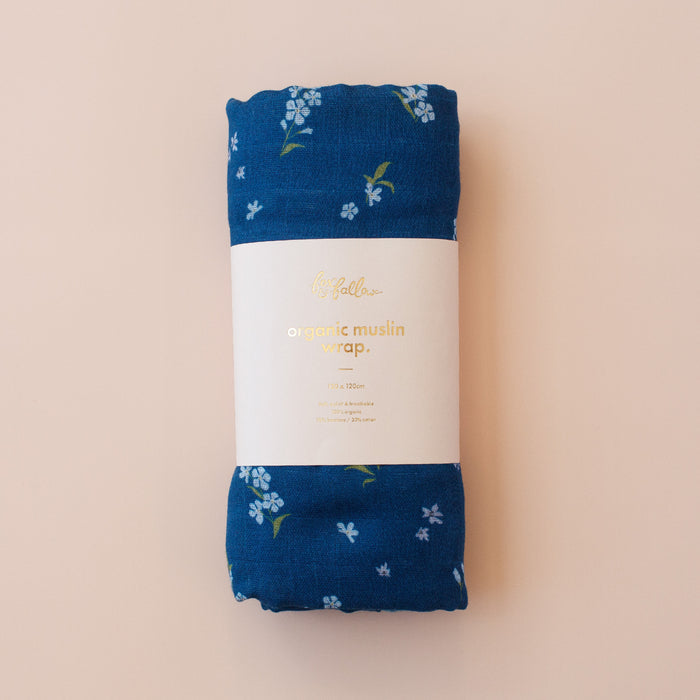 Forget-Me-Not Navy Organic Muslin Wrap Swaddle - LOW STOCK