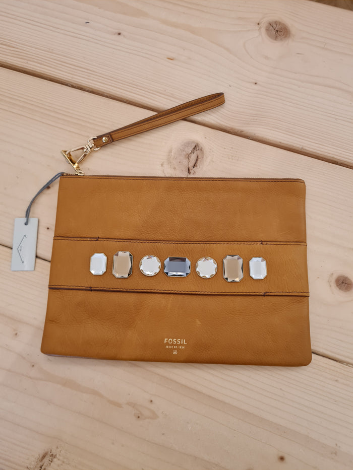 Fossil tan leather jewelled clutch NWT