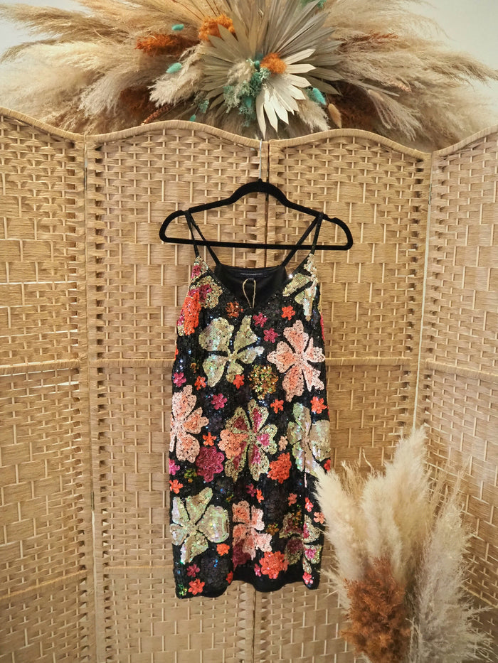 French Connection Black Floral Sequin Dress Size 10
