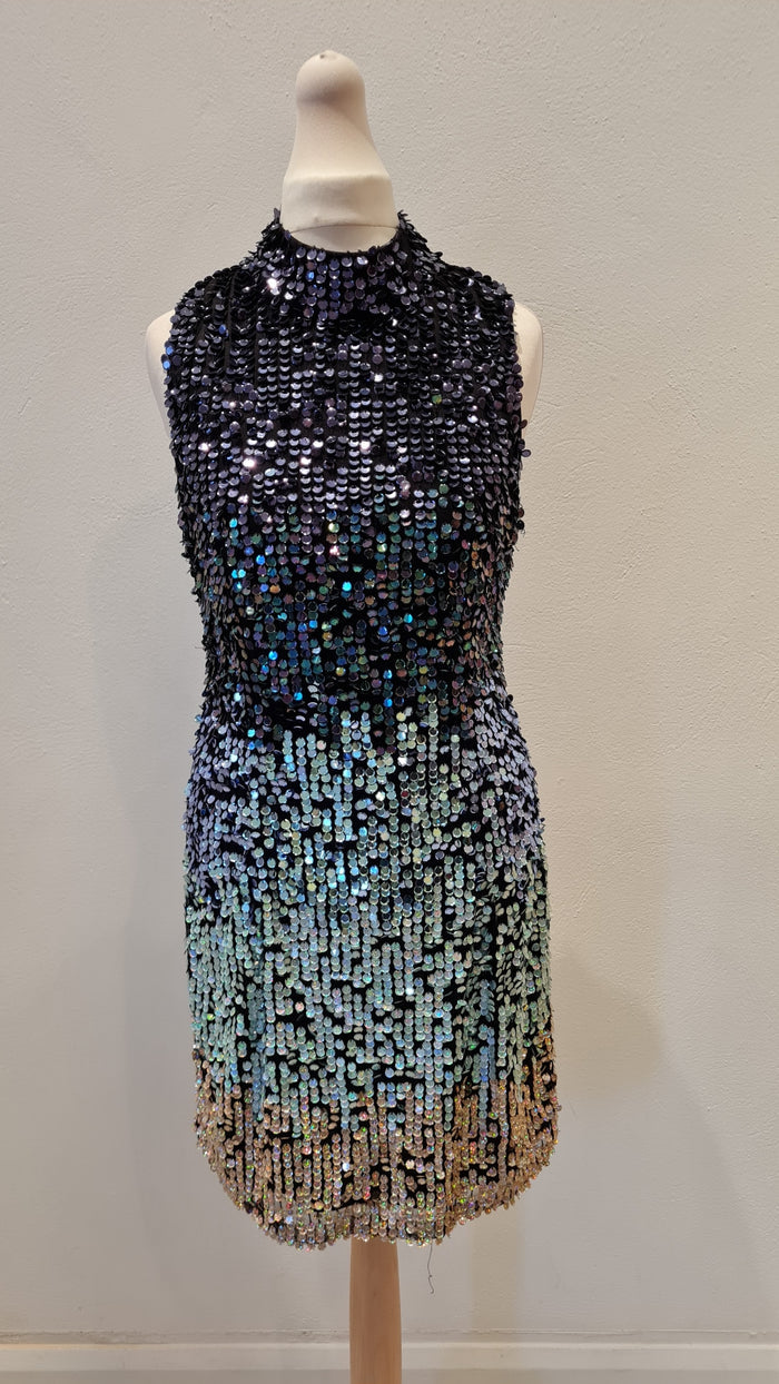 French Connection Black Multi High Neck Sequin Dress 8