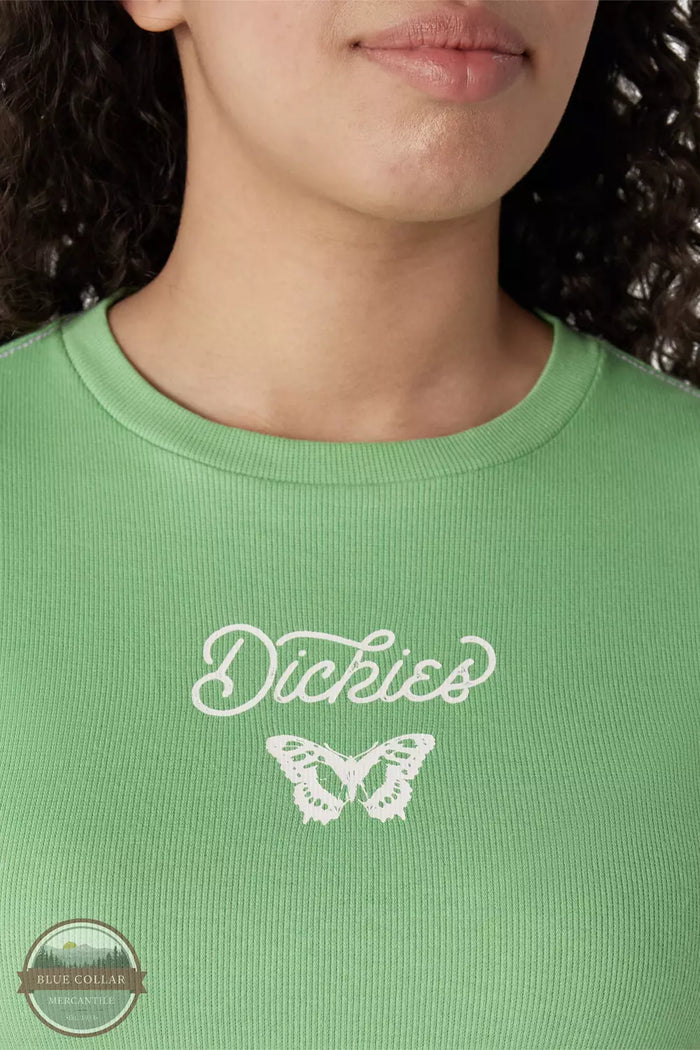 Dickies FSR64AR2 Butterfly Graphic Cropped Baby T-Shirt in Apple Mint Detail View
