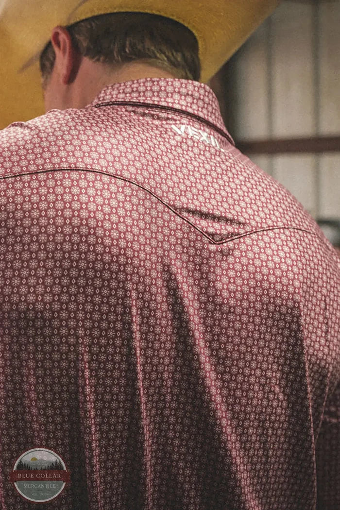 Vexil Brand - Western Pearl Snap Polo - Geo | Maroon back view of western yoke