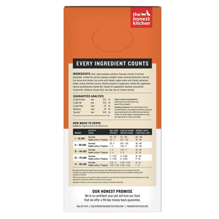 The Honest Kitchen Wholemade grain free beef recipe side of box