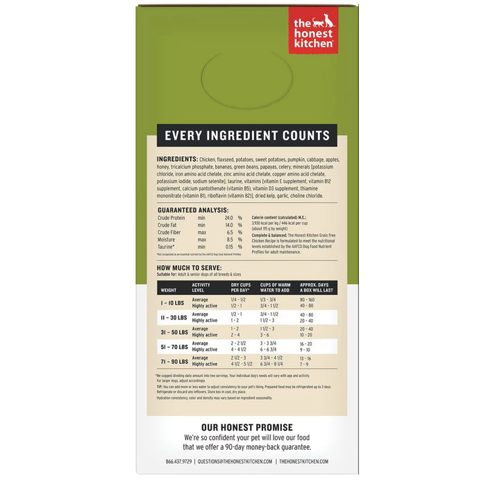 The Honest Kitchen Wholemade grain free chicken recipe side of box