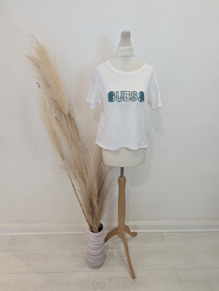 Guess White Jewelled Tshirt S