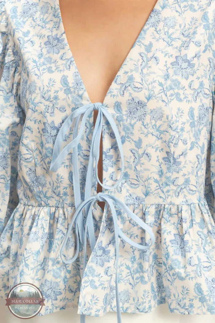 Floral Tie-Front Peplum Blouse | HYFVE Puff Sleeve Top front detail view