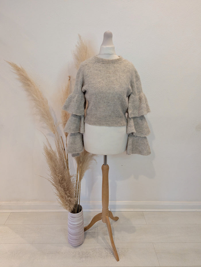Iris & Ink taupe ruffle sleeve wool jumper XS