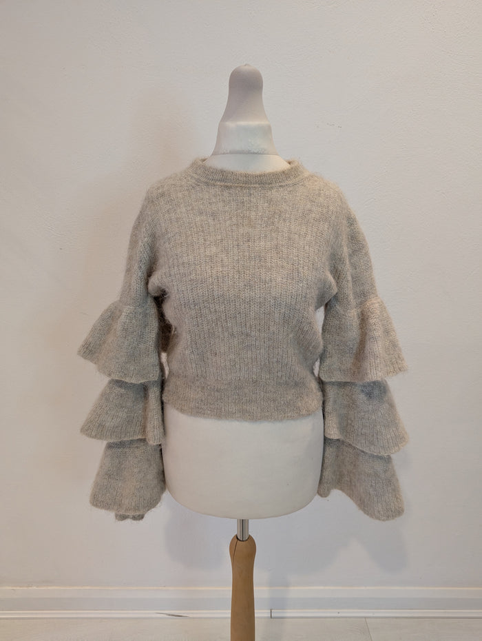 Iris & Ink taupe ruffle sleeve wool jumper XS