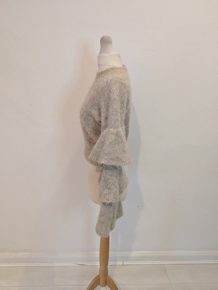 Iris & Ink taupe ruffle sleeve wool jumper XS