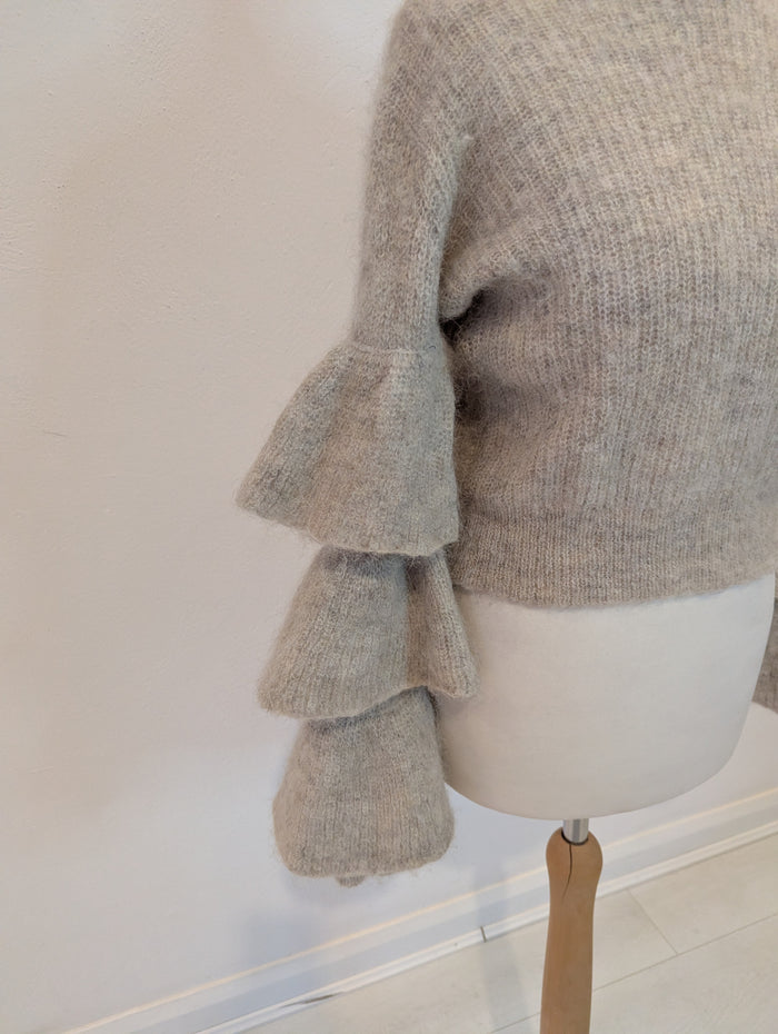 Iris & Ink taupe ruffle sleeve wool jumper XS