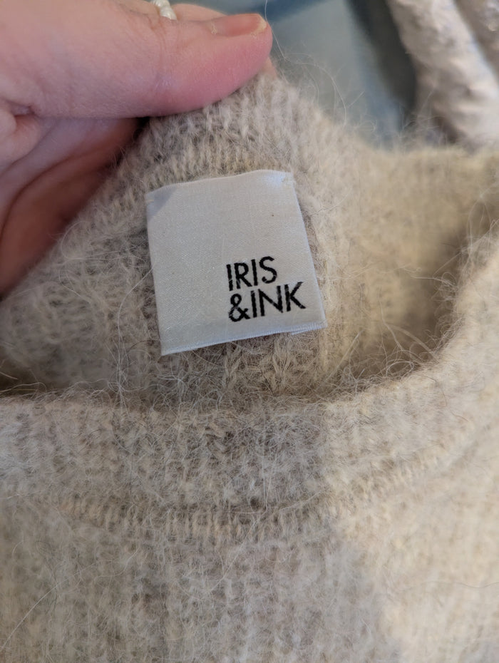Iris & Ink taupe ruffle sleeve wool jumper XS