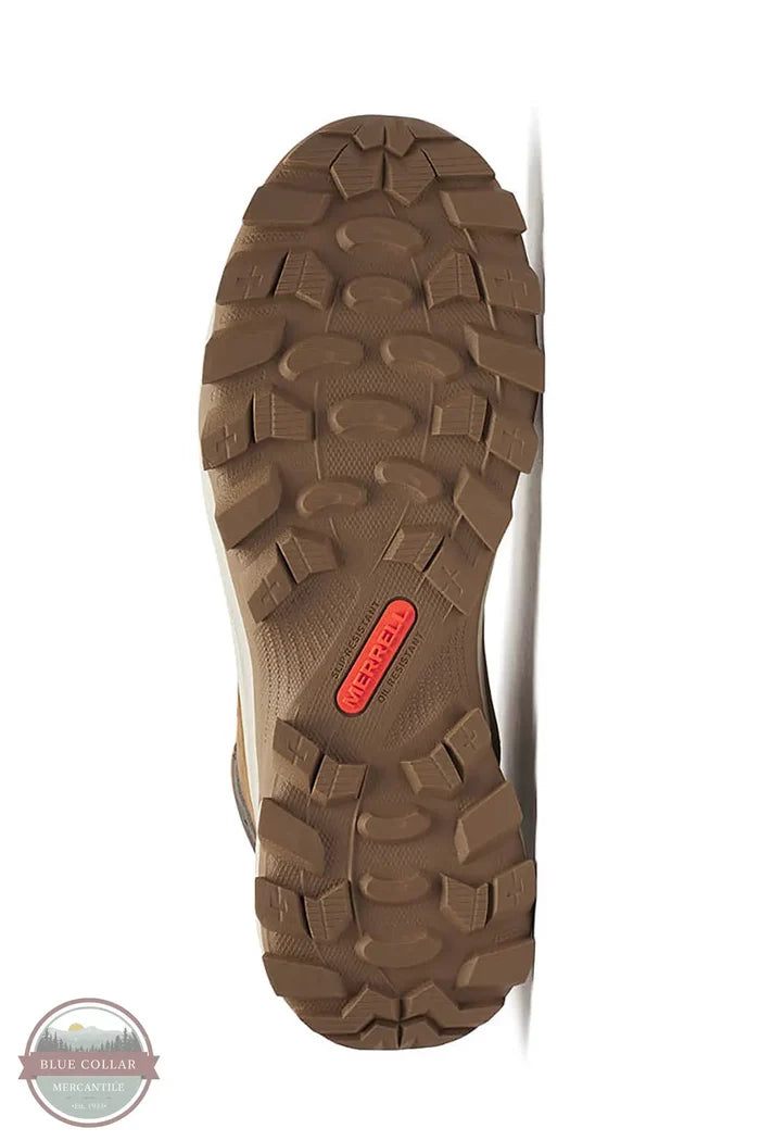 MERRELL J007901 Men's Moab Speed 2 Mid Waterproof Carbon Fiber Work Boot in Light Brown outer sole view