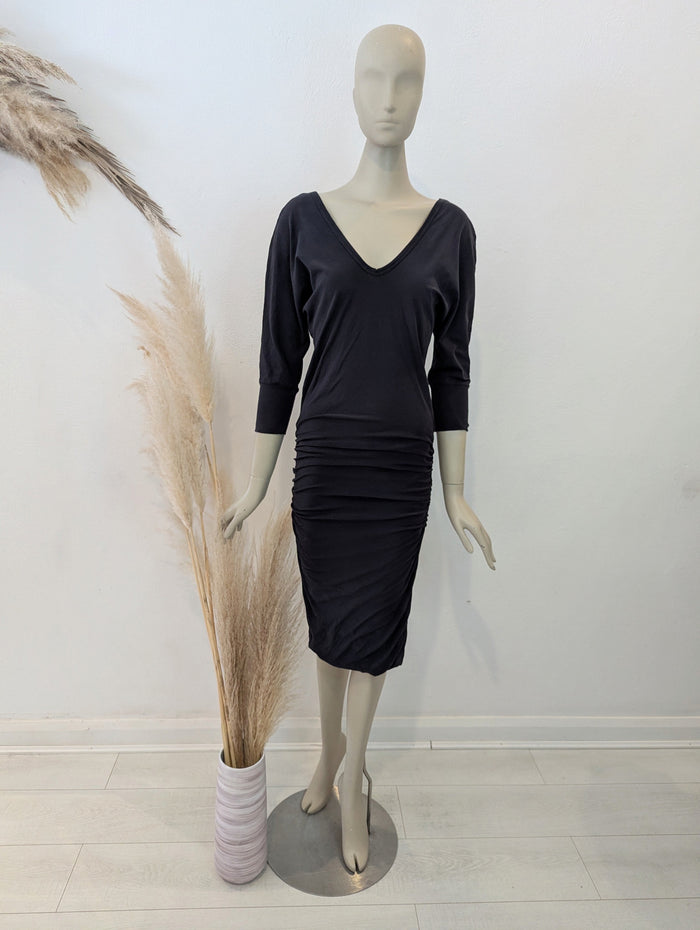 James Perse Black 3/4 Sleeve Ruched Midi M