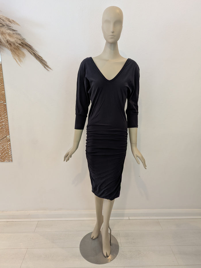 James Perse Black 3/4 Sleeve Ruched Midi M