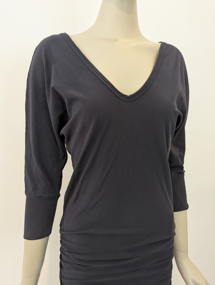 James Perse Black 3/4 Sleeve Ruched Midi M
