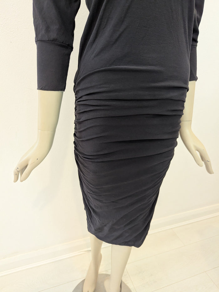 James Perse Black 3/4 Sleeve Ruched Midi M