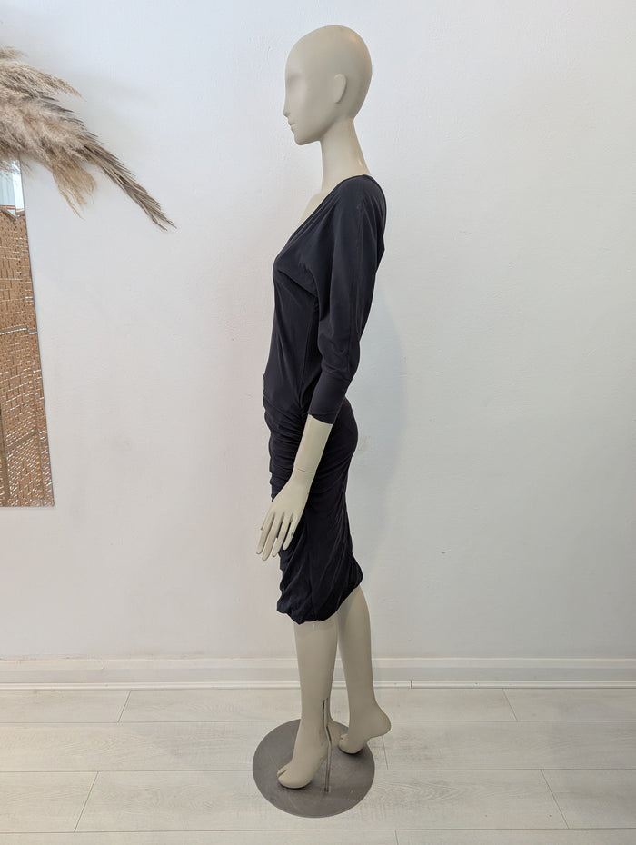 James Perse Black 3/4 Sleeve Ruched Midi M