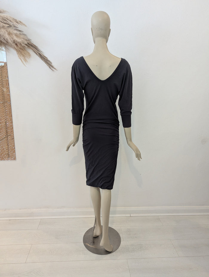 James Perse Black 3/4 Sleeve Ruched Midi M