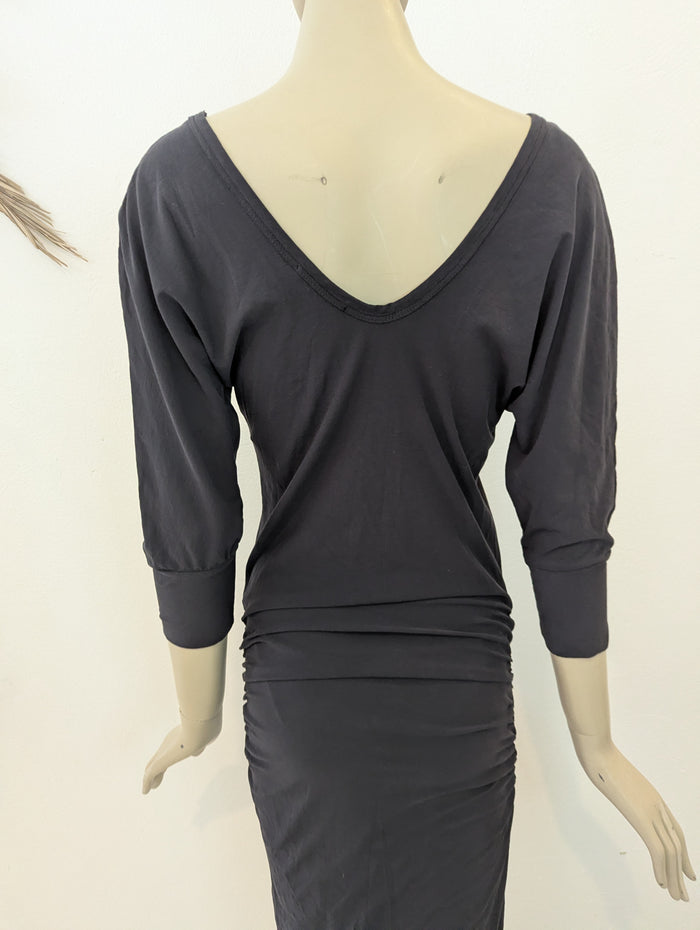 James Perse Black 3/4 Sleeve Ruched Midi M