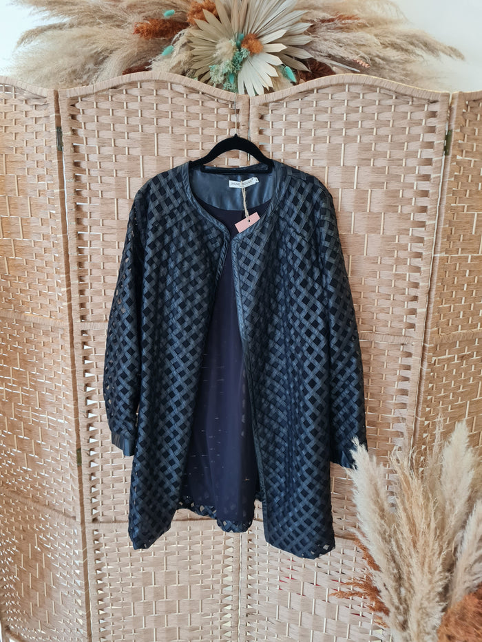 Jaune Rouge Black Leather Look Lazer Cut Long Jacket Medium