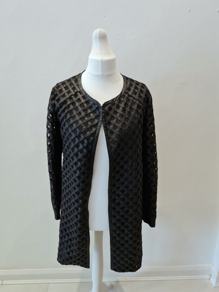 Jaune Rouge Black Leather Look Lazer Cut Long Jacket Medium