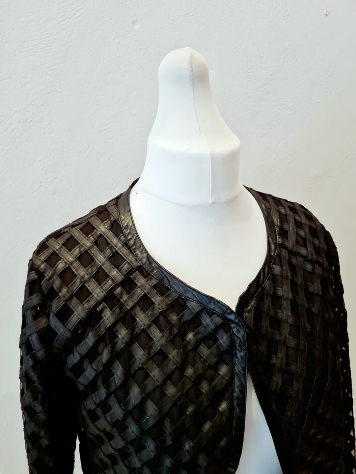 Jaune Rouge Black Leather Look Lazer Cut Long Jacket Medium