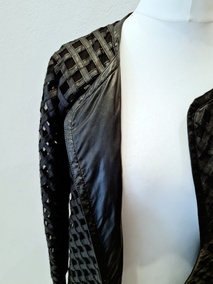 Jaune Rouge Black Leather Look Lazer Cut Long Jacket Medium