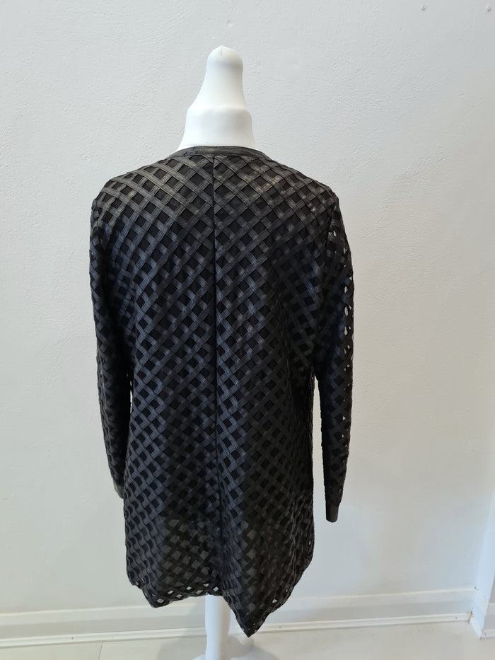 Jaune Rouge Black Leather Look Lazer Cut Long Jacket Medium