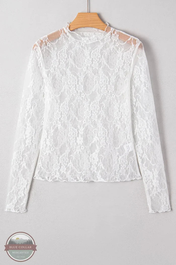 Juniper Blvd Sheer Lace Mesh Mock Neck Long Sleeve Top JB25134037-P101 sheer shirt on hanger