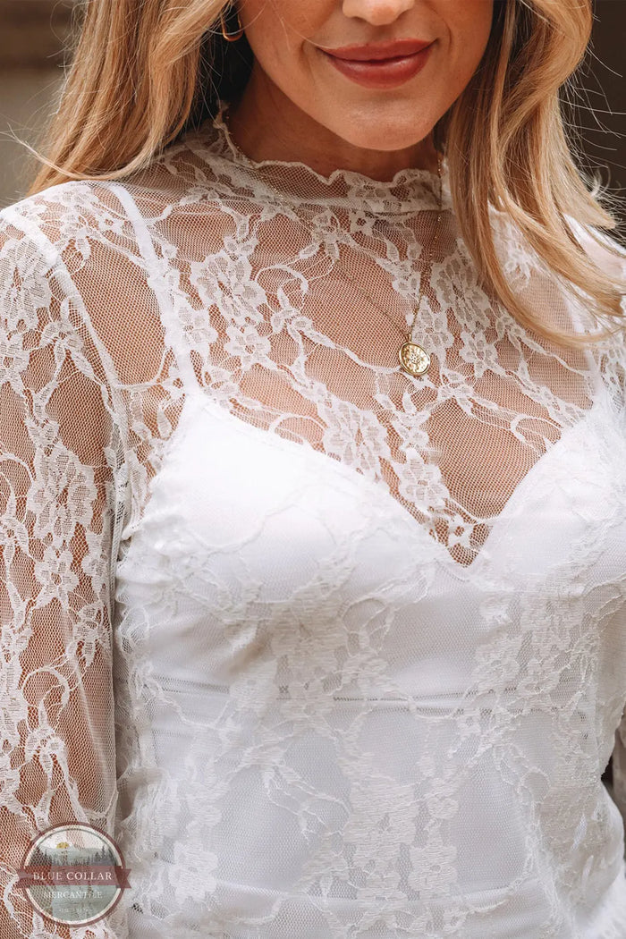 Juniper Blvd Sheer Lace Mesh Mock Neck Long Sleeve Top JB25134037-P101 close up front view