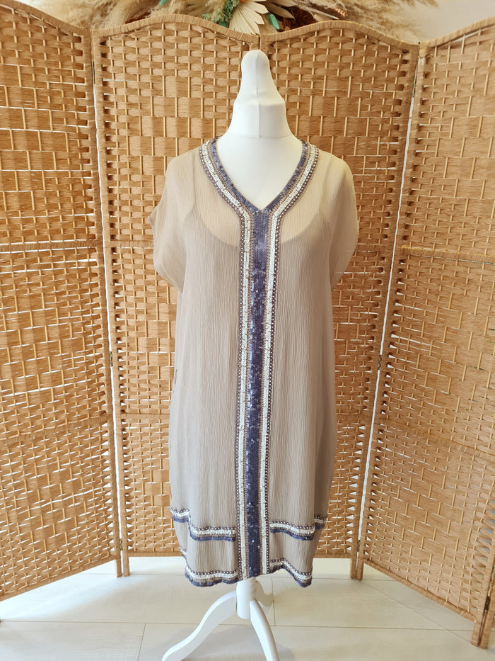 Jigsaw Grey Chiffon Sequin Dress with Slip Size Large
