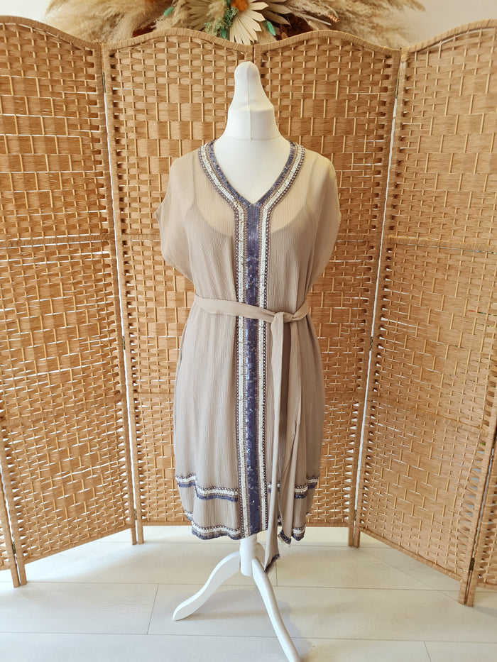 Jigsaw Grey Chiffon Sequin Dress with Slip Size Large