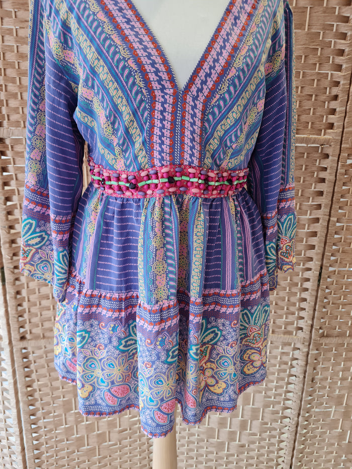 K Derhy Beaded Waist Silk Top Size L