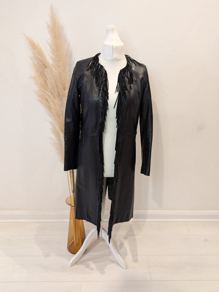 Karen Millen Black Leather Fringe Coat 10