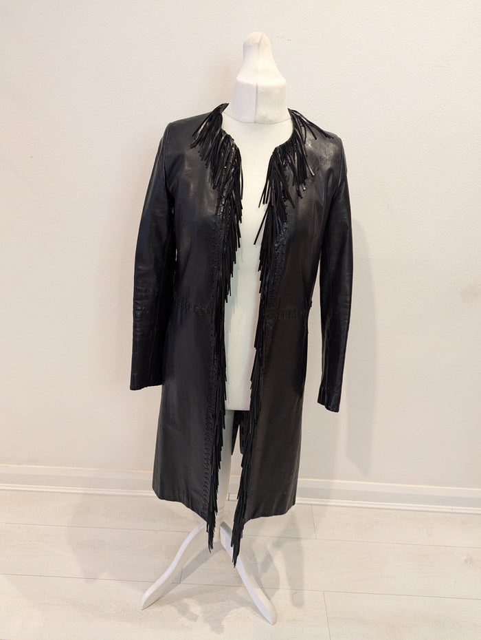 Karen Millen Black Leather Fringe Coat 10