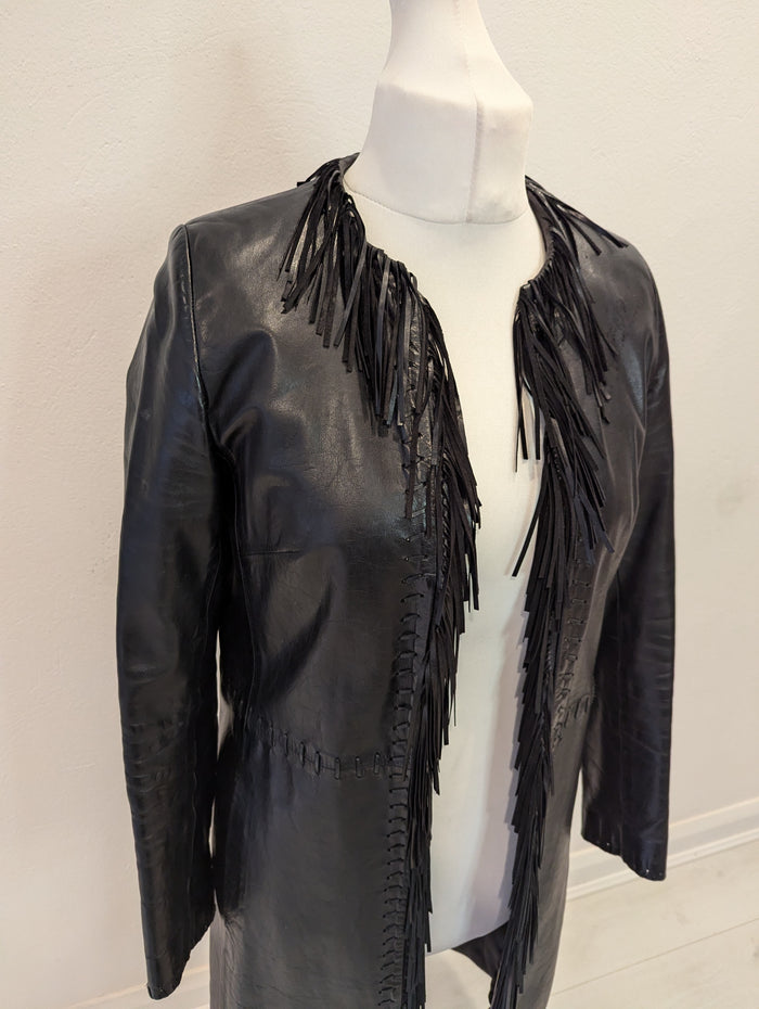 Karen Millen Black Leather Fringe Coat 10