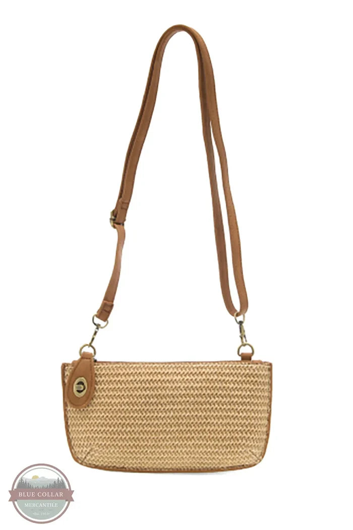 Joy Susan L8223-14 Solid Straw Mini Wristlet Crossbody Clutch in Tan shown with strap