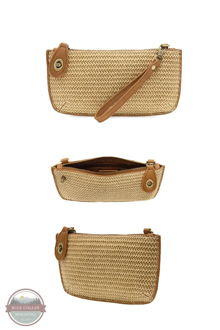 Joy Susan L8223-14 Solid Straw Mini Wristlet Crossbody Clutch in Tan group of each side and inside purse